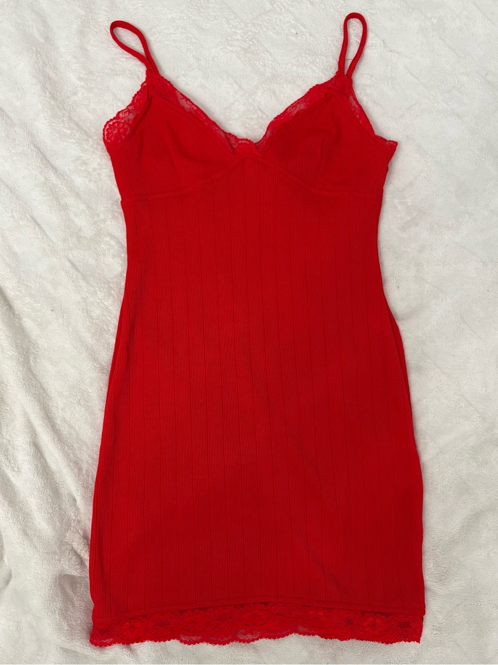 Urban Outfitters Red Ribbed Lace-Trim Mini Dress - NWT